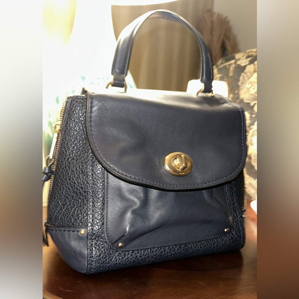 Coach New Navy Blue Leather Purse With Gold Trim. Comes With Xbody Strap.